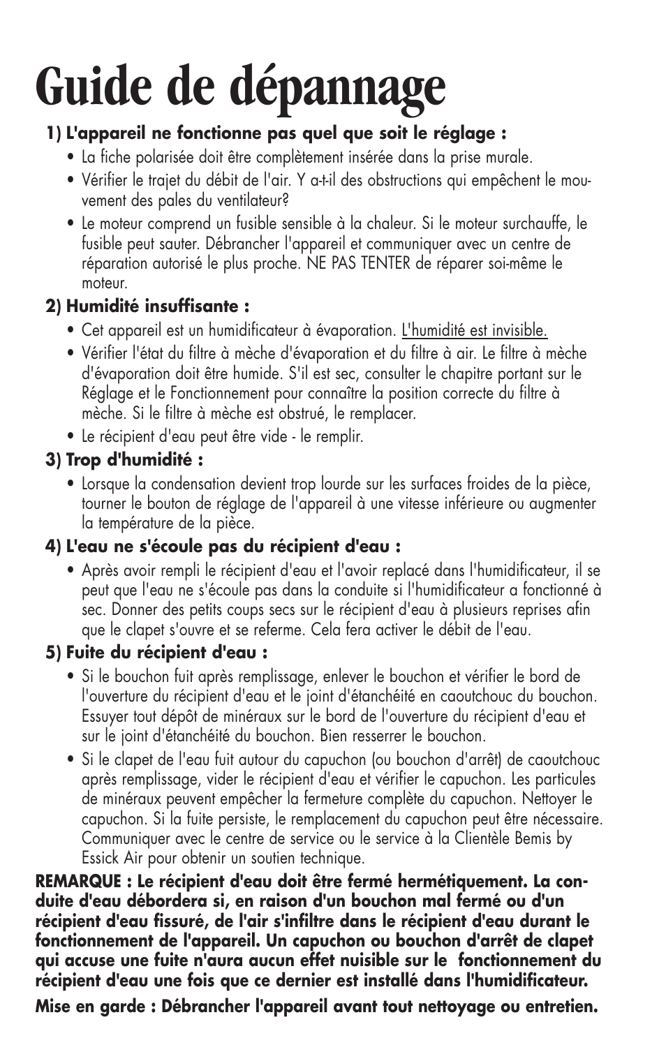 Guide de dépannage | Essick Air 726 000 2-speed User Manual | Page 39 / 44
