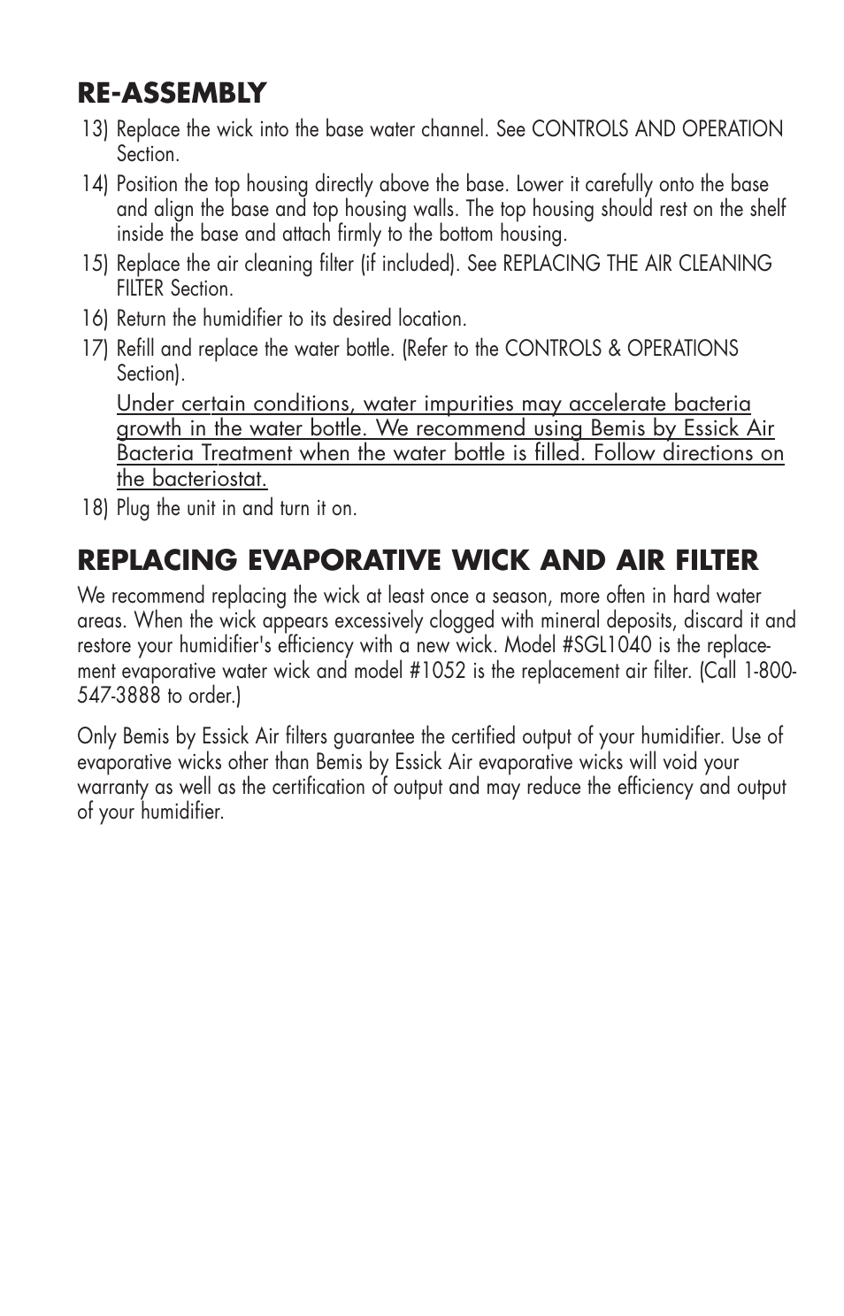 Re-assembly, Replacing evaporative wick and air filter | Essick Air 726 000 2-speed User Manual | Page 8 / 44