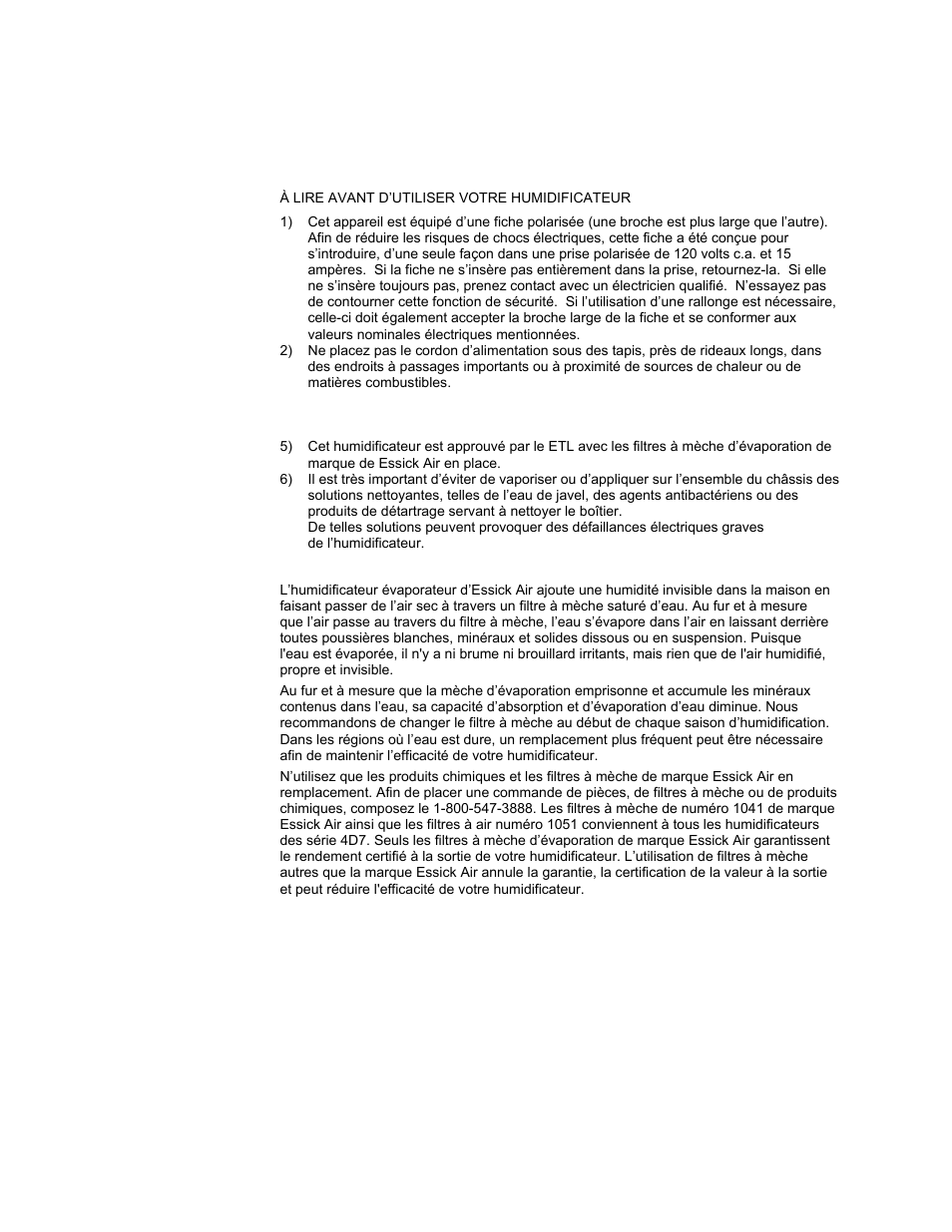 Mesures de sécurité importantes | Essick Air 4D7 800 User Manual | Page 14 / 19