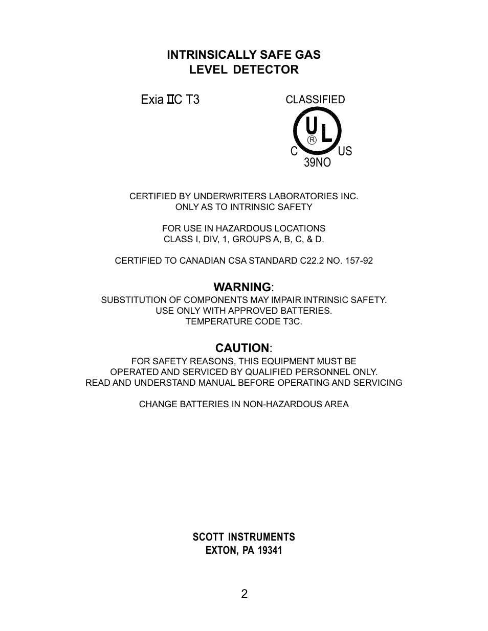 Us c 39no, 2intrinsically safe gas level detector, Warning | Caution | Energizer PORTABLE GAS DETECTION INSTRUMENT User Manual | Page 2 / 50