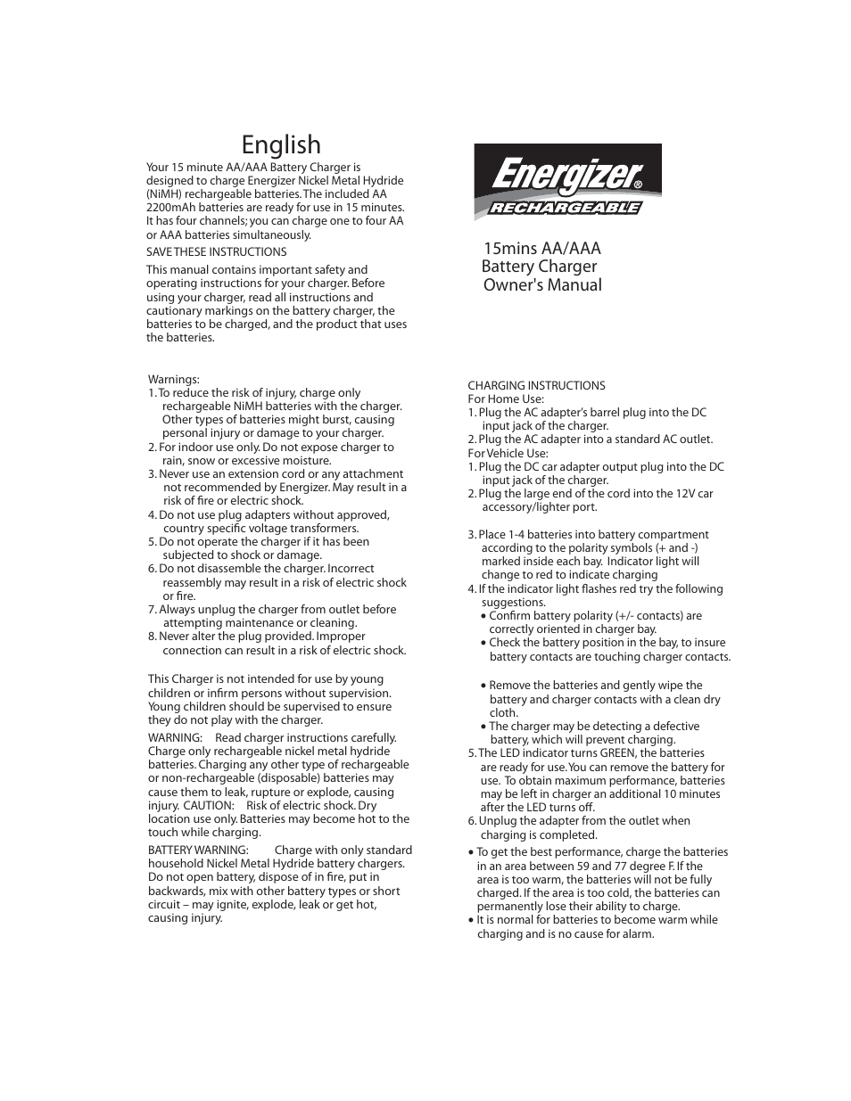 Energizer Battery Charger User Manual | 1 page