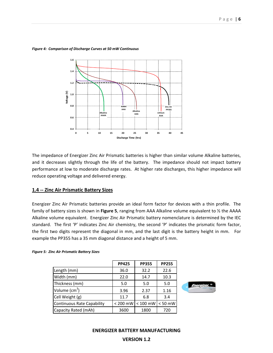 Energizer battery manufacturing version 1.2, 4 ‐‐ zinc air prismatic battery sizes | Energizer PP355 User Manual | Page 6 / 17