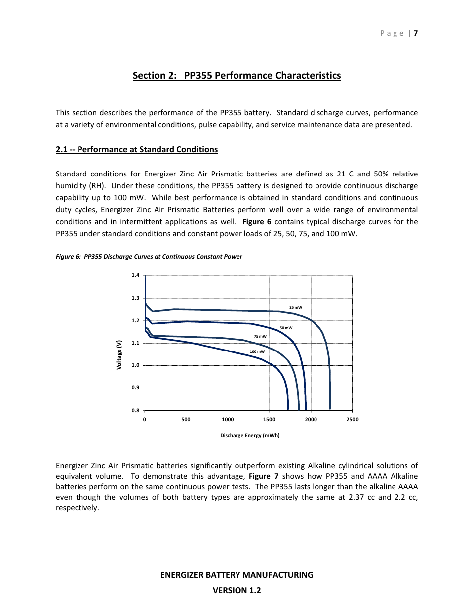 Energizer battery manufacturing version 1.2, 1 ‐‐ performance at standard conditions | Energizer PP355 User Manual | Page 7 / 17