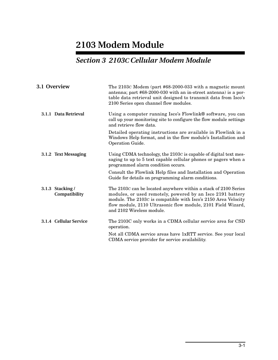 Section 3 2103c cellular modem module, 1 overview, 1 data retrieval | 2 text messaging, 3 stacking / compatibility, 4 cellular service, 1 overview -1, 2103 modem module, Cellular modem module | Energizer 2103G User Manual | Page 27 / 86