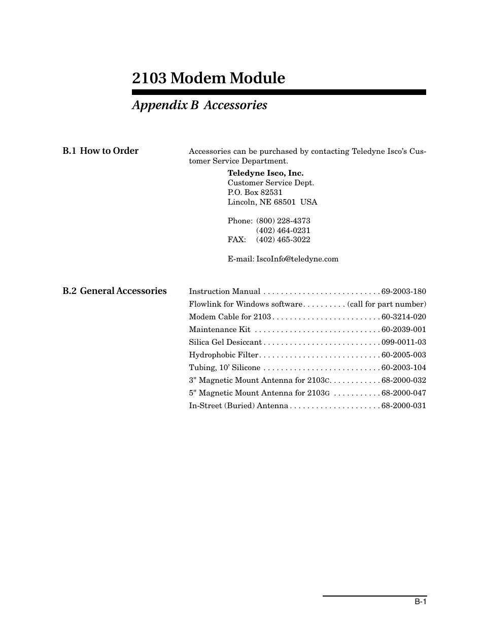 Appendix b accessories, B.1 how to order, B.2 general accessories | 2103 modem module | Energizer 2103G User Manual | Page 67 / 86