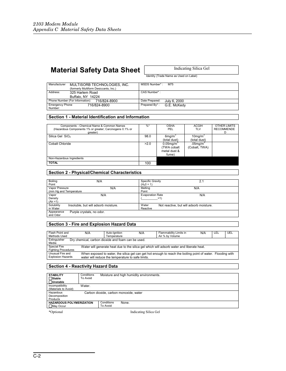 Material safety data sheet, Indicating silica gel | Energizer 2103G User Manual | Page 70 / 86