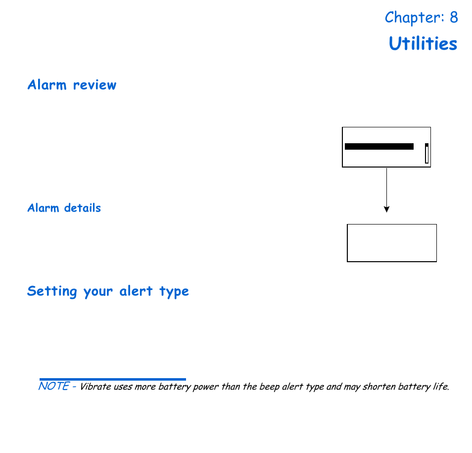 Chapter: 8 utilities, Alarm review, Alarm details | Setting your alert type, Chapter 8 utilities, D convenience. see chapter 8, “utilities, Utilities, Chapter: 8 | Energizer 715 User Manual | Page 131 / 188