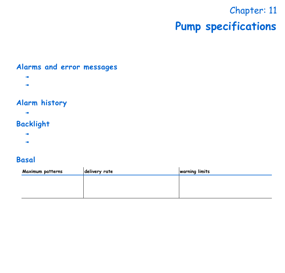Chapter: 11 pump specifications, Chapter 11 pump specifications, Pump specifications | Chapter: 11, Alarms and error messages, Alarm history, Backlight, Basal | Energizer 715 User Manual | Page 165 / 188
