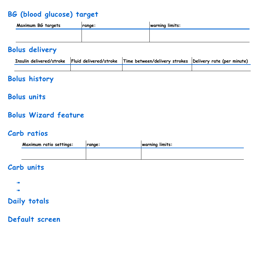 Bolus units, Bolus wizard feature, Carb ratios carb units | Daily totals, Default screen | Energizer 715 User Manual | Page 166 / 188