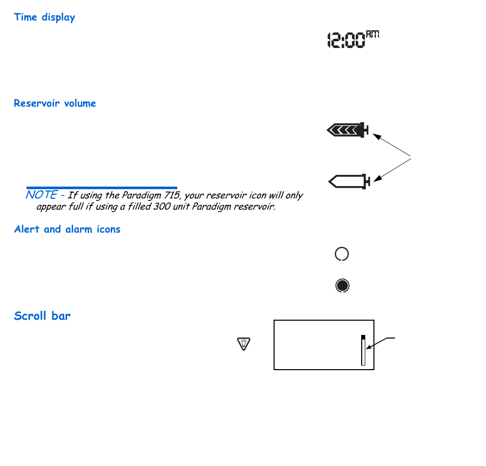 Time display, Reservoir volume, Alert and alarm icons | Scroll bar | Energizer 715 User Manual | Page 38 / 188