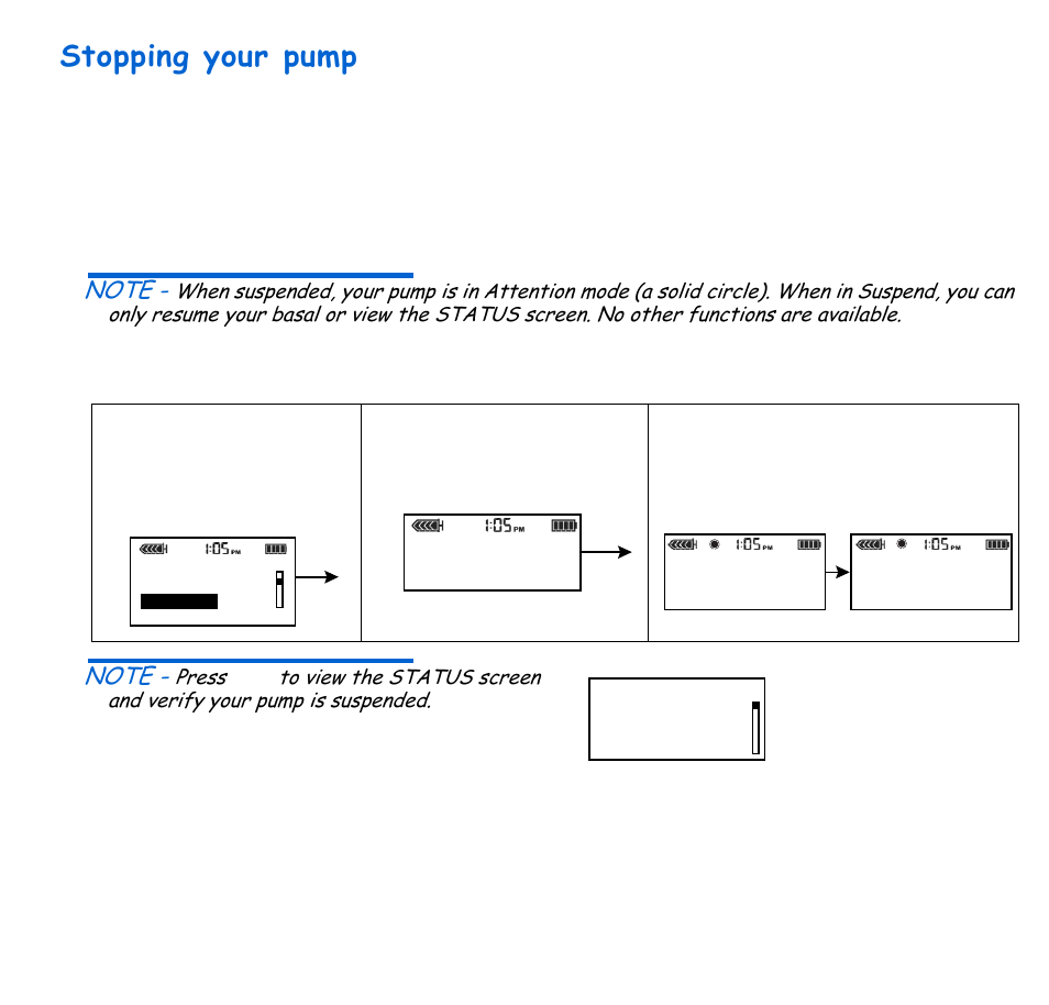 Stopping your pump, Bolus and fixed prime). see “stopping your, Suspend | Basic programming 39 | Energizer 715 User Manual | Page 61 / 188