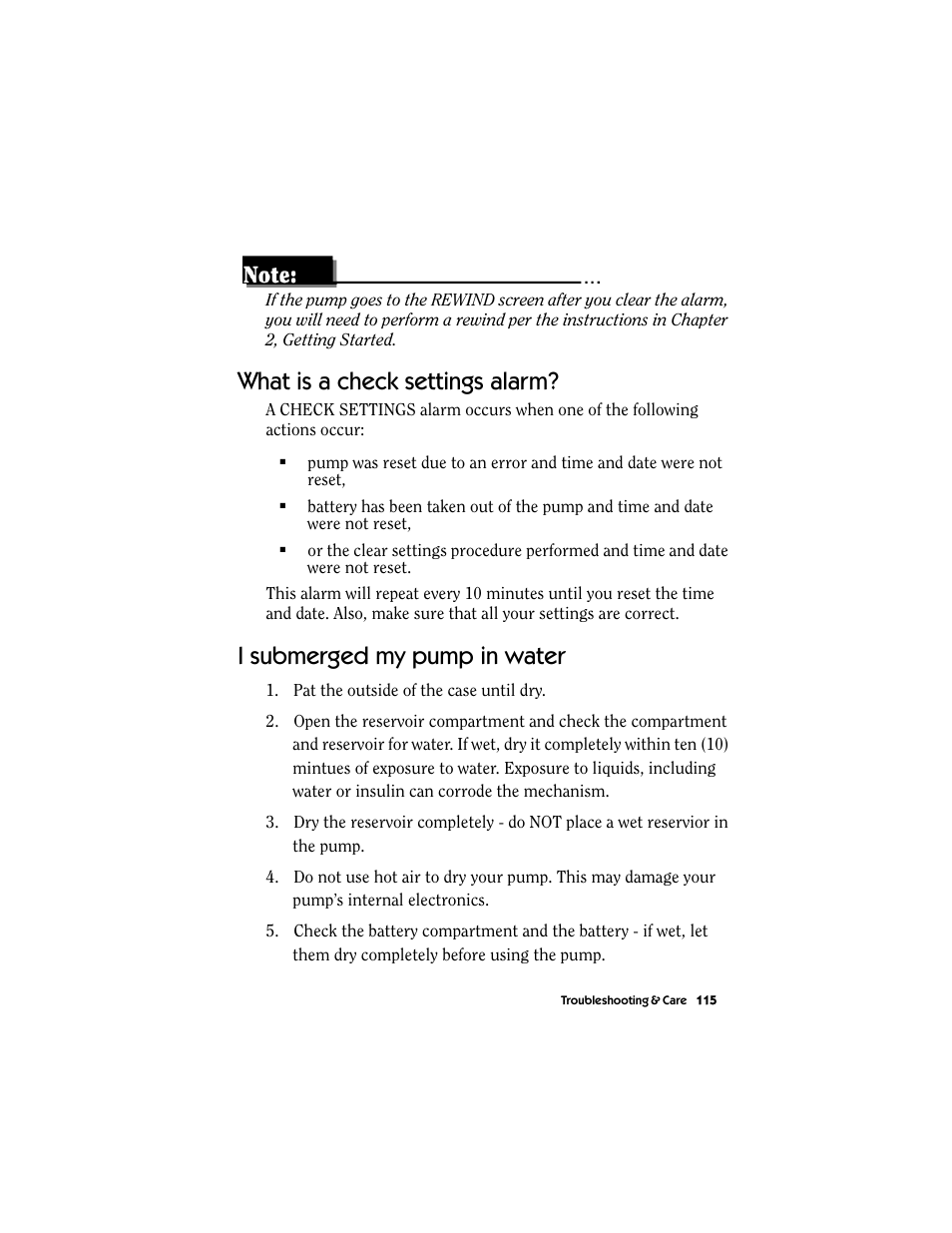What is a check settings alarm, I submerged my pump in water | Energizer MMT-511 User Manual | Page 127 / 170