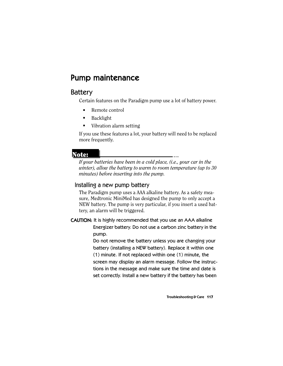 Pump maintenance, Battery, Installing a new pump battery | Energizer MMT-511 User Manual | Page 129 / 170