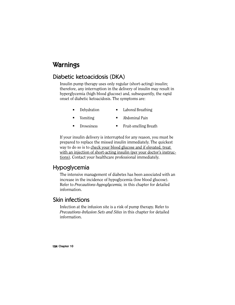 Warnings, Diabetic ketoacidosis (dka), Hypoglycemia | Skin infections | Energizer MMT-511 User Manual | Page 136 / 170