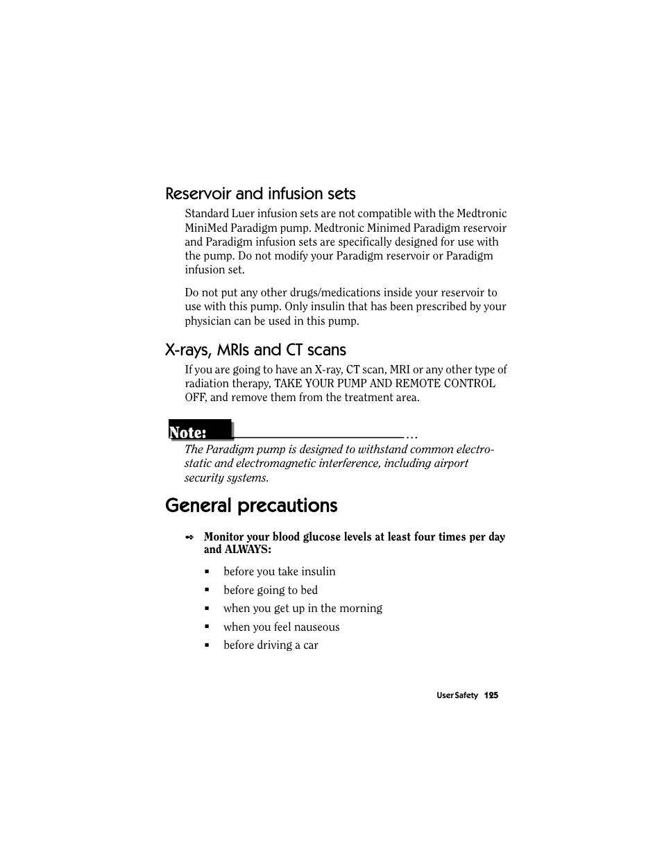 Reservoir and infusion sets, X-rays, mris and ct scans, General precautions | Energizer MMT-511 User Manual | Page 137 / 170