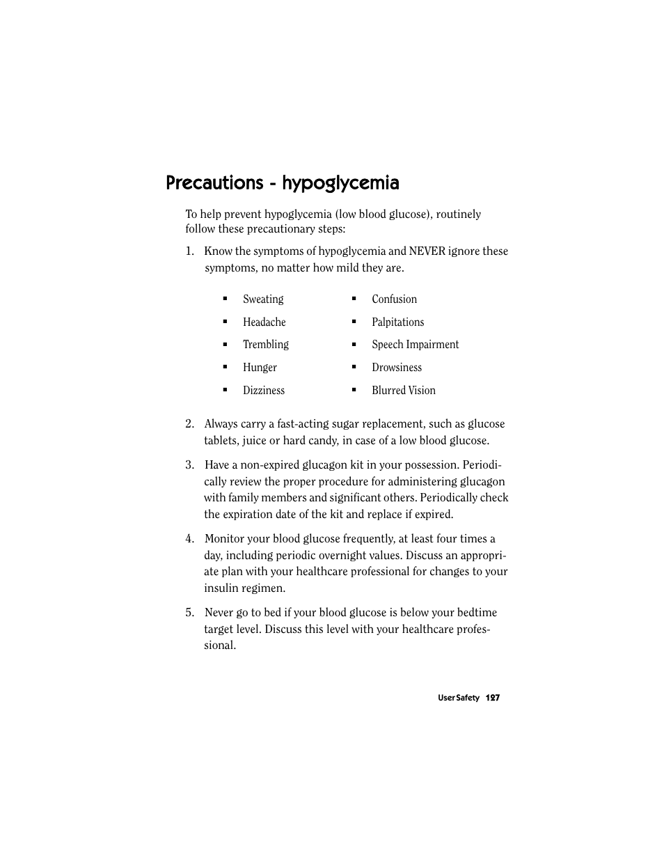 Precautions - hypoglycemia | Energizer MMT-511 User Manual | Page 139 / 170