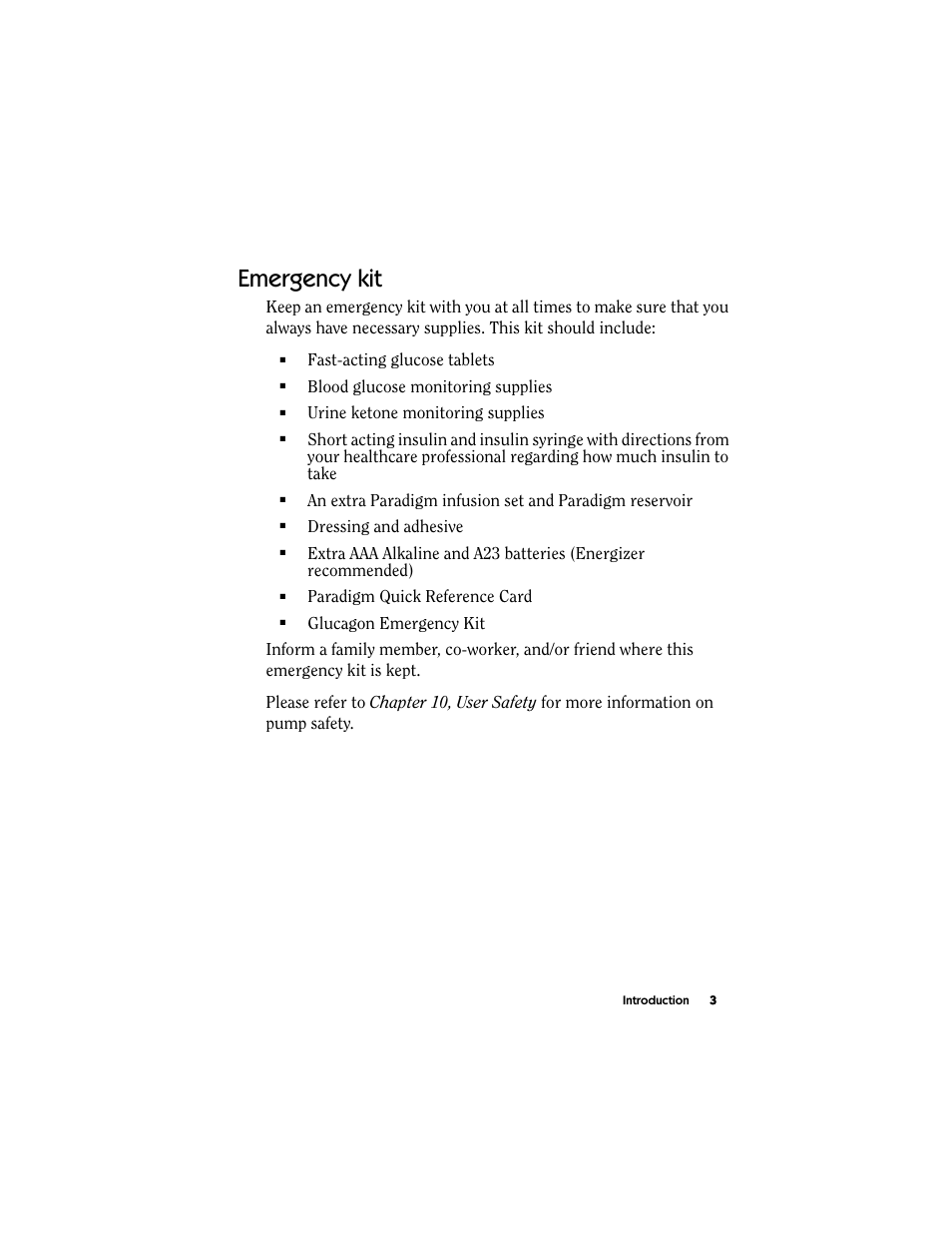 Emergency kit, Fast-acting glucose tablets, Blood glucose monitoring supplies | Urine ketone monitoring supplies, Dressing and adhesive, Paradigm quick reference card | Energizer MMT-511 User Manual | Page 15 / 170