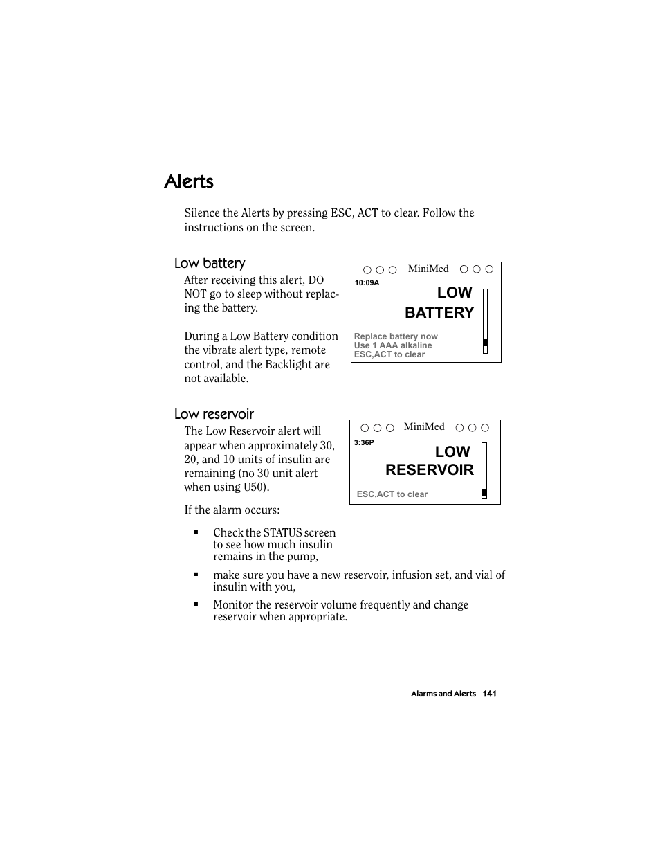 Alerts, Low battery, Low reservoir | Low battery low reservoir | Energizer MMT-511 User Manual | Page 153 / 170