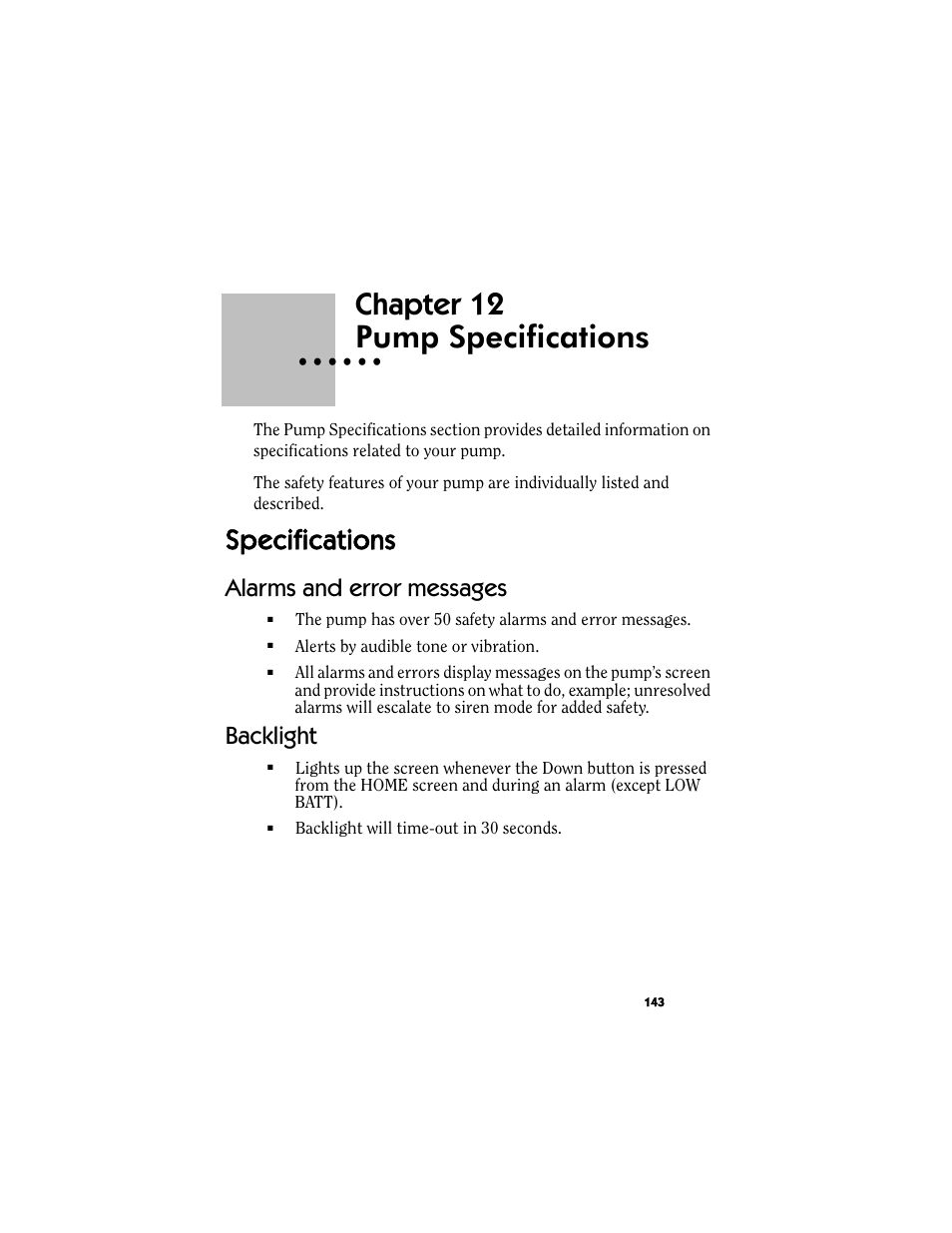Chapter 12: pump specifications, Specifications, Alarms and error messages | Backlight, Chapter 12 pump specifications, Alarms and error messages backlight, Chapter 12, Pump specifications | Energizer MMT-511 User Manual | Page 155 / 170