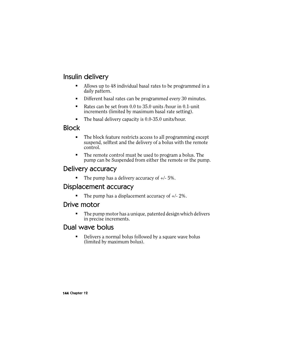 Insulin delivery, Block, Delivery accuracy | Displacement accuracy, Drive motor, Dual wave bolus | Energizer MMT-511 User Manual | Page 156 / 170
