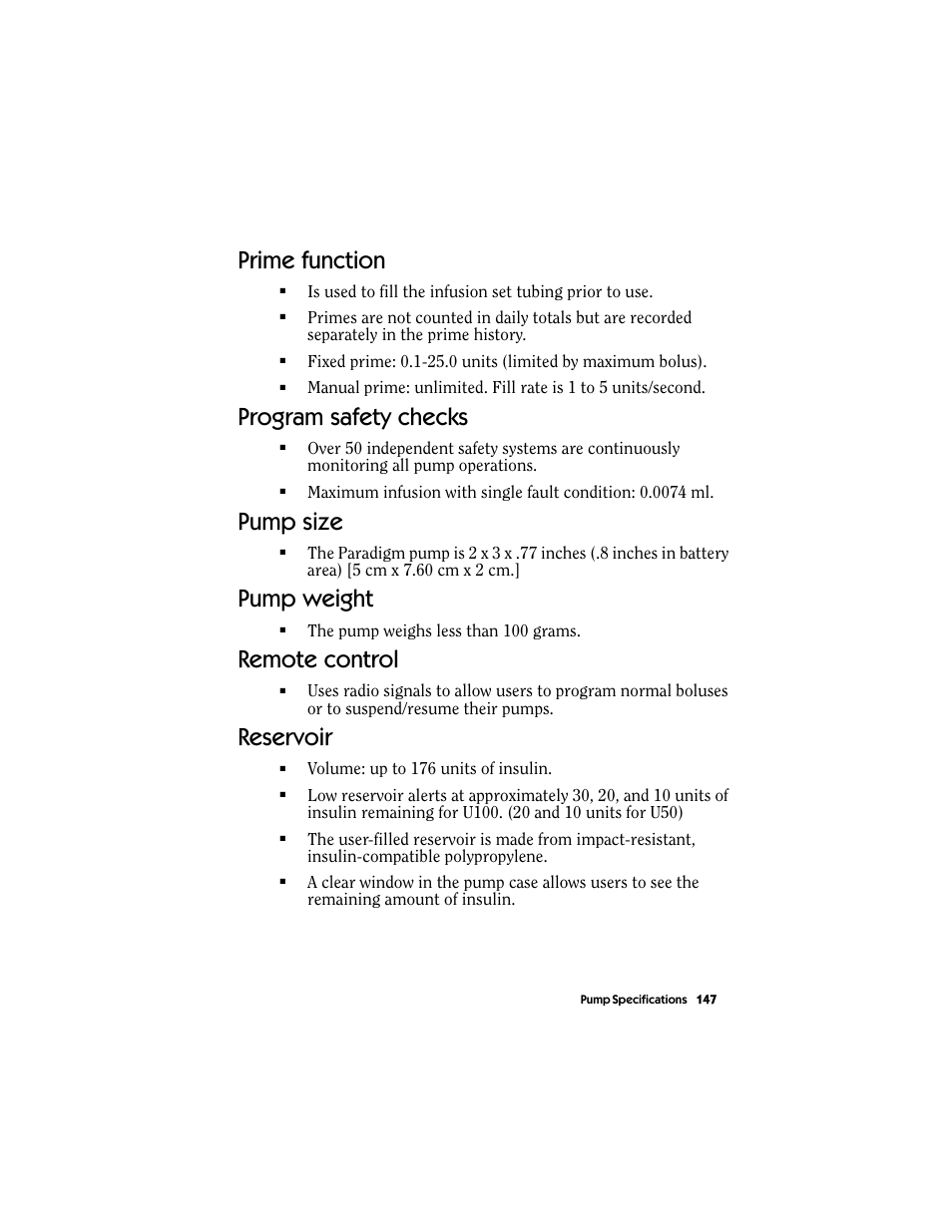 Prime function, Program safety checks, Pump size | Pump weight, Remote control, Reservoir | Energizer MMT-511 User Manual | Page 159 / 170