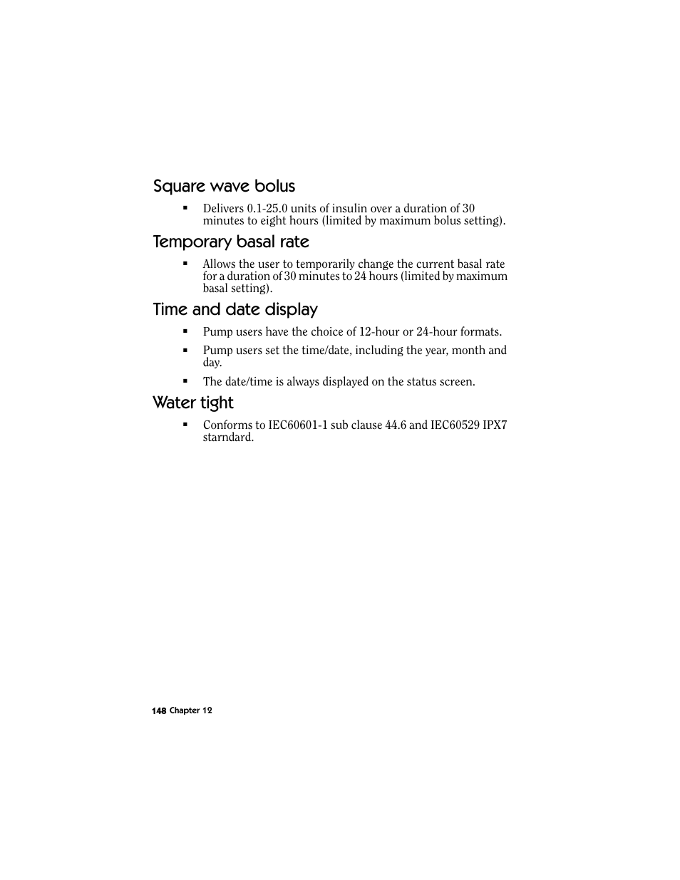 Square wave bolus, Temporary basal rate, Time and date display | Water tight | Energizer MMT-511 User Manual | Page 160 / 170