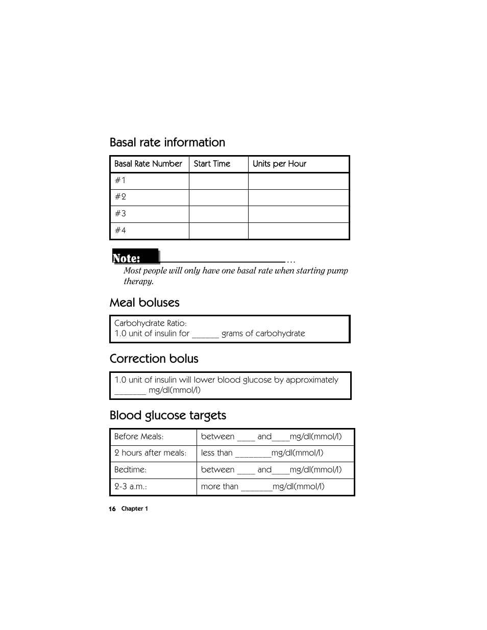 Basal rate information, Meal boluses, Correction bolus | Blood glucose targets | Energizer MMT-511 User Manual | Page 28 / 170