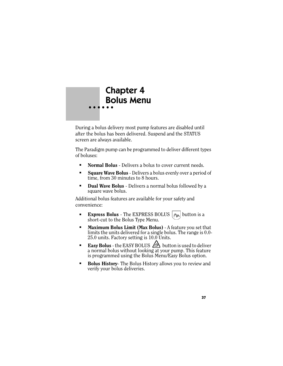 Chapter 4: bolus menu, Chapter 4, Bolus menu | Energizer MMT-511 User Manual | Page 49 / 170