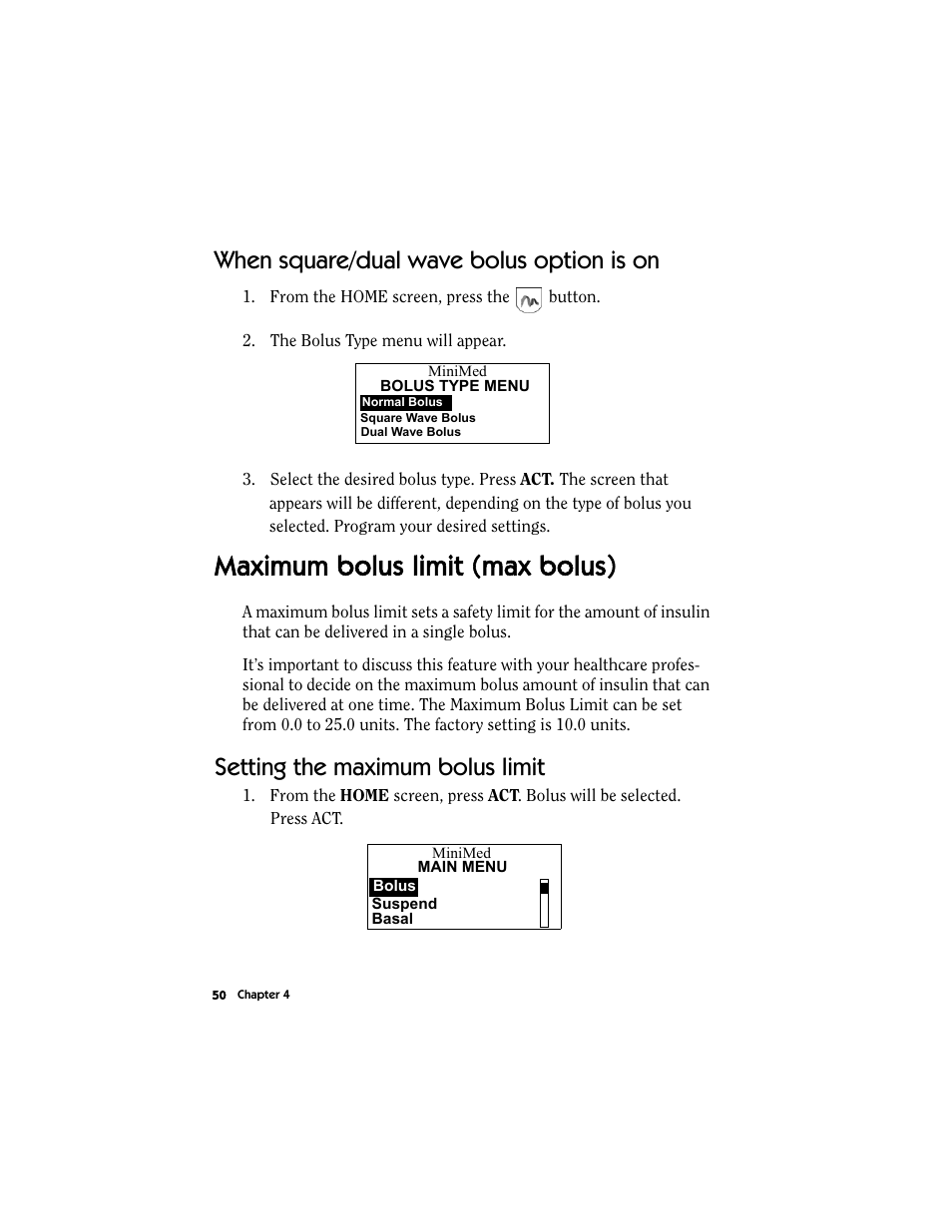 When square/dual wave bolus option is on, Maximum bolus limit (max bolus), Setting the maximum bolus limit | Energizer MMT-511 User Manual | Page 62 / 170