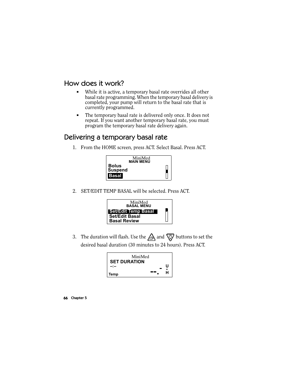 How does it work, Delivering a temporary basal rate | Energizer MMT-511 User Manual | Page 78 / 170