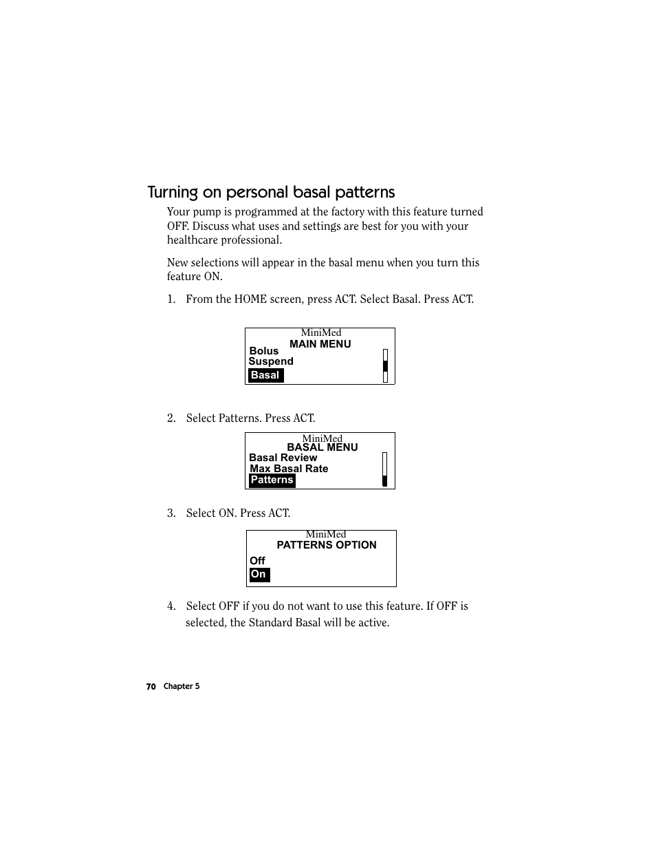 Turning on personal basal patterns | Energizer MMT-511 User Manual | Page 82 / 170