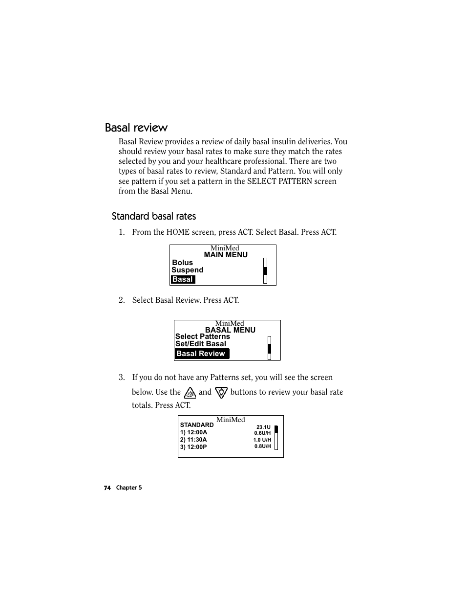 Basal review, Standard basal rates | Energizer MMT-511 User Manual | Page 86 / 170