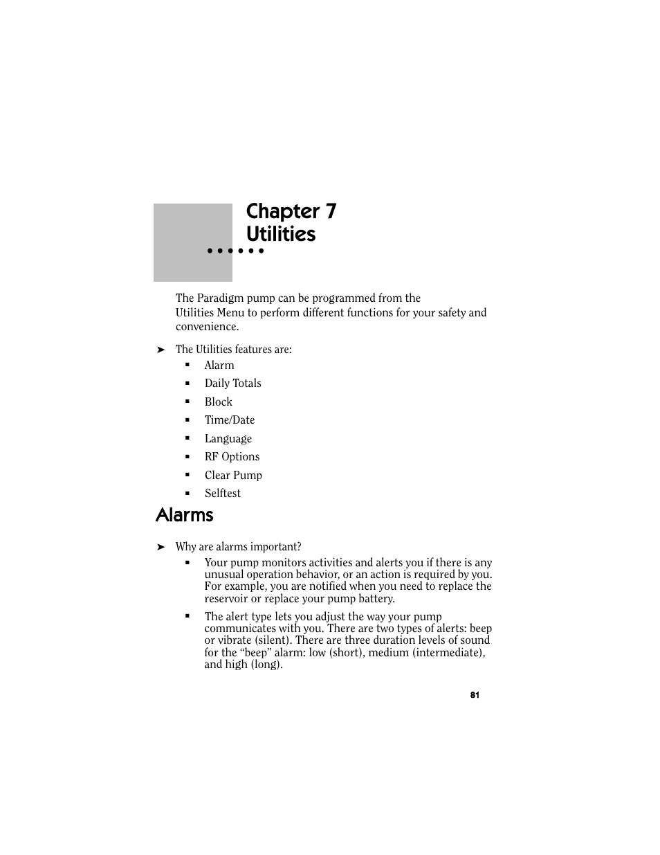 Chapter 7: utilities, Alarms, Chapter 7 utilities | Chapter 7, Utilities | Energizer MMT-511 User Manual | Page 93 / 170