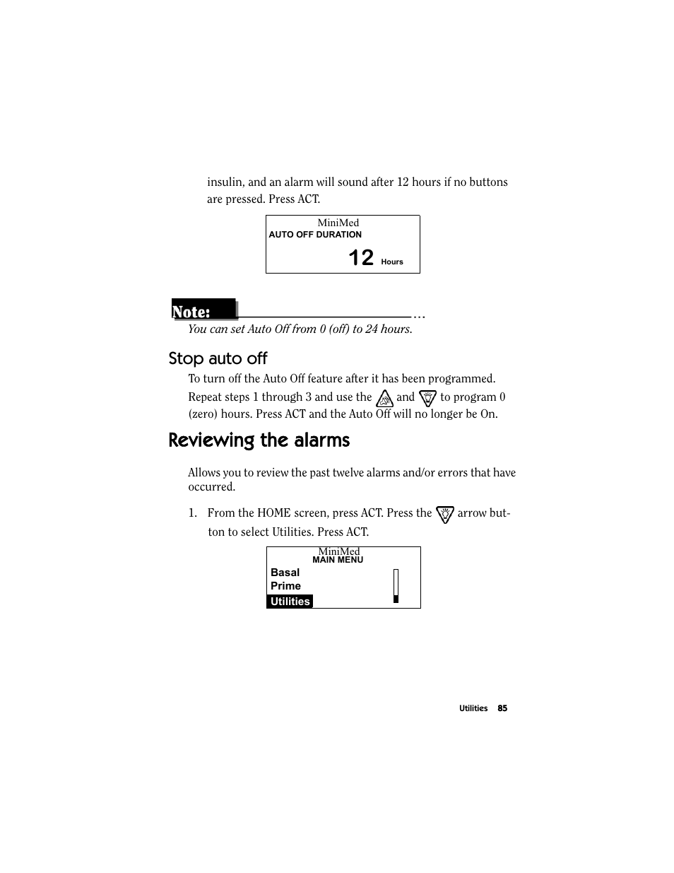 Stop auto off, Reviewing the alarms | Energizer MMT-511 User Manual | Page 97 / 170