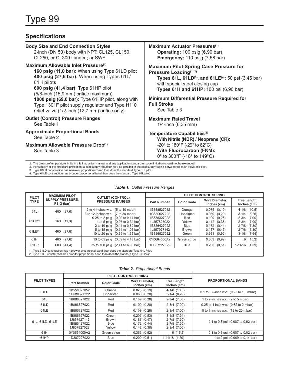 Type 99, Specifications, See table 3 maximum actuator pressures | Types 61l, 61ld, And 61le | Emerson Process Management 99 User Manual | Page 2 / 20