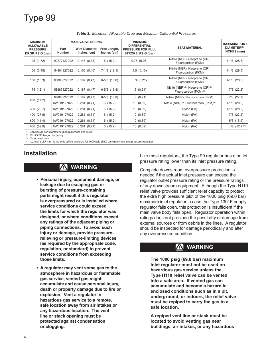 Type 99, Installation, Warning | Emerson Process Management 99 User Manual | Page 6 / 20