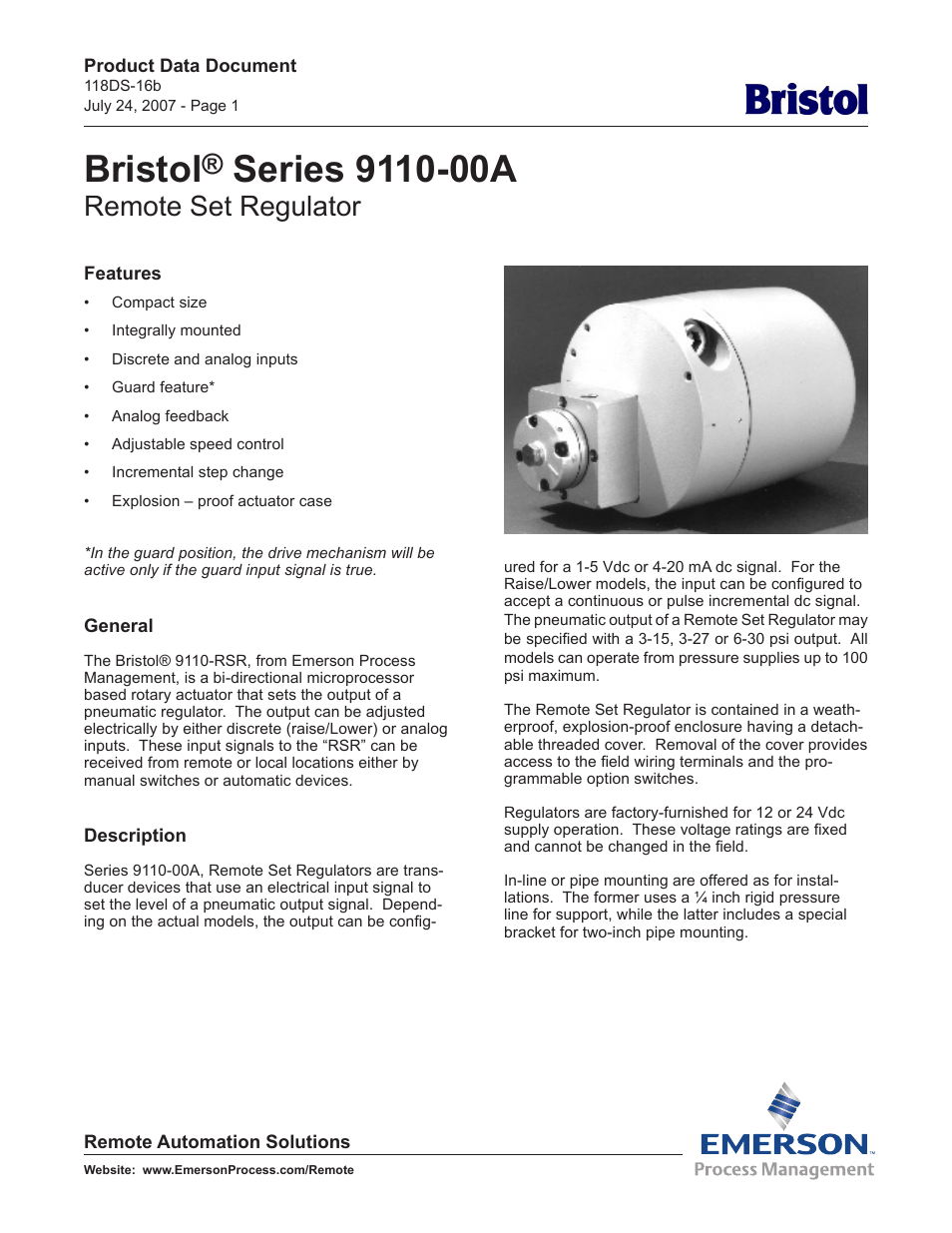 Emerson Process Management Bristol Series 9110-00A User Manual | 5 pages