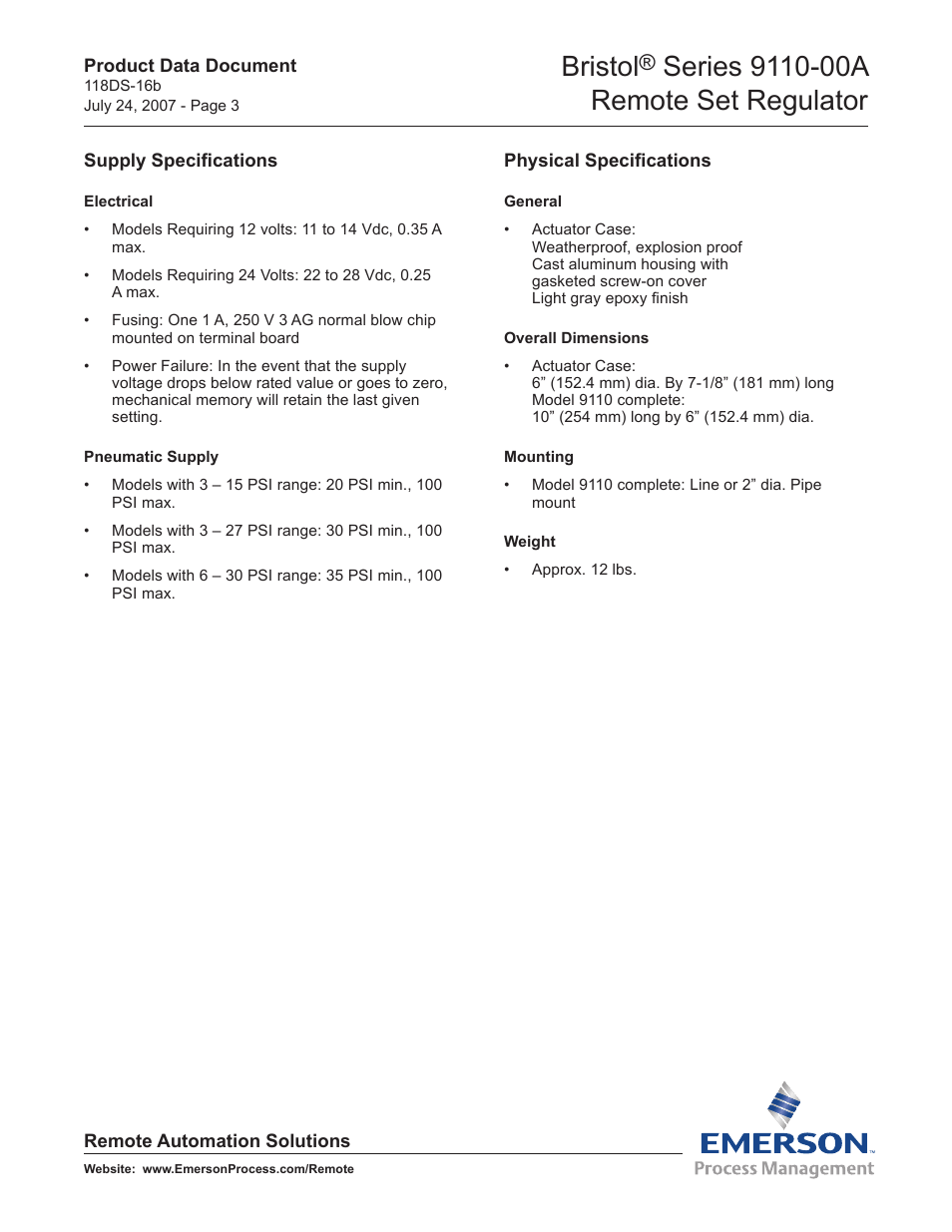 Bristol | Emerson Process Management Bristol Series 9110-00A User Manual | Page 3 / 5