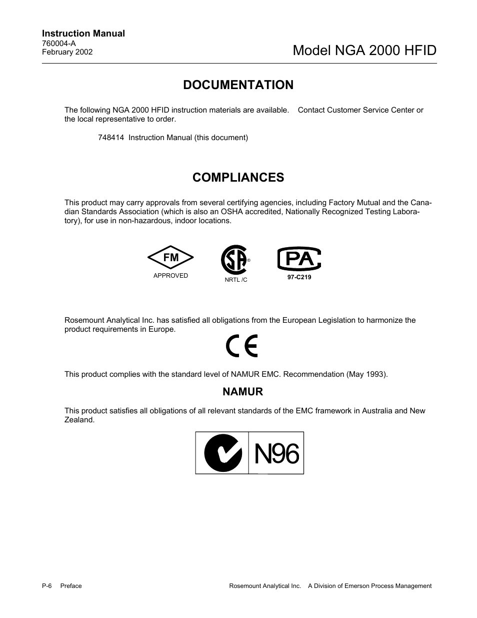Documentations, Compliances, Model nga 2000 hfid | Documentation | Emerson Process Management 760004-A User Manual | Page 12 / 118