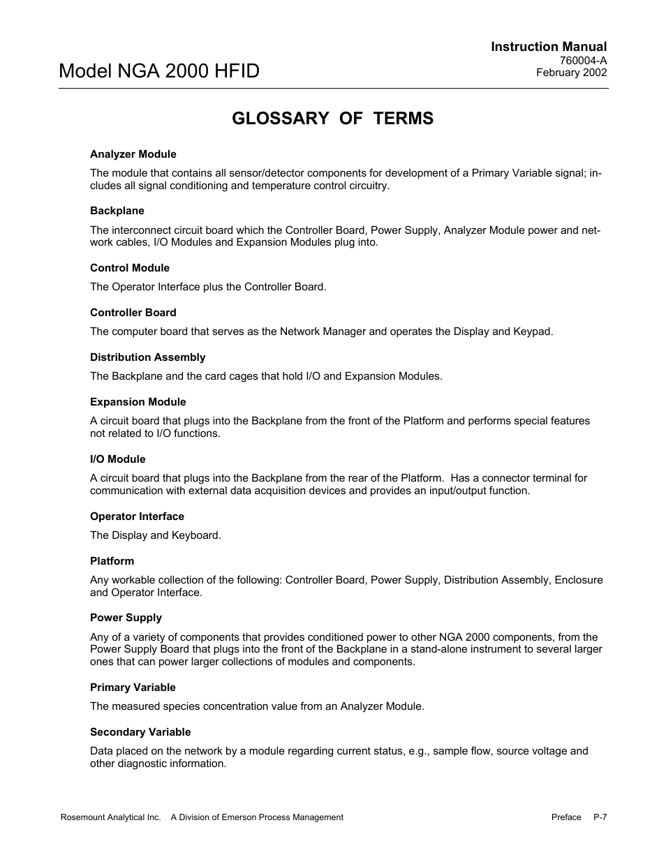 Glossary of terms, Model nga 2000 hfid | Emerson Process Management 760004-A User Manual | Page 13 / 118