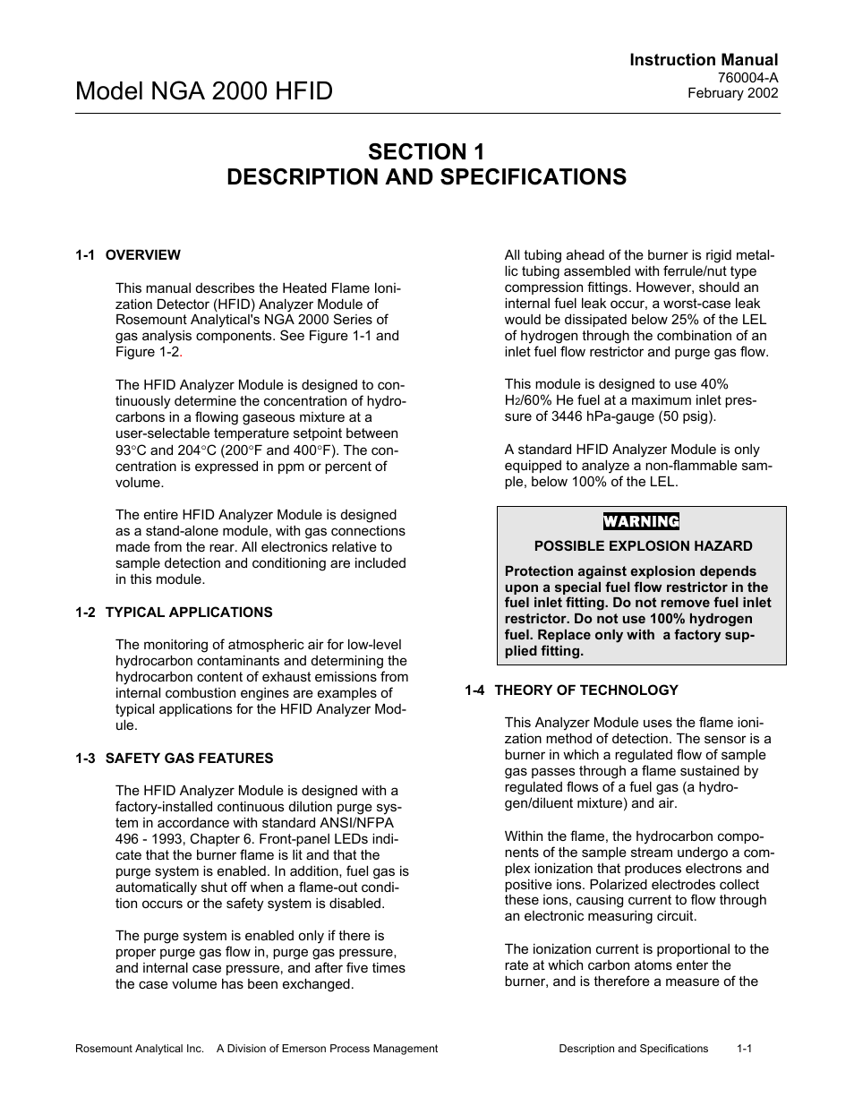 0 description and specifications, 1 overview, 2 typical applications | 3 safety gas features, 4 theory of technology, Model nga 2000 hfid | Emerson Process Management 760004-A User Manual | Page 15 / 118