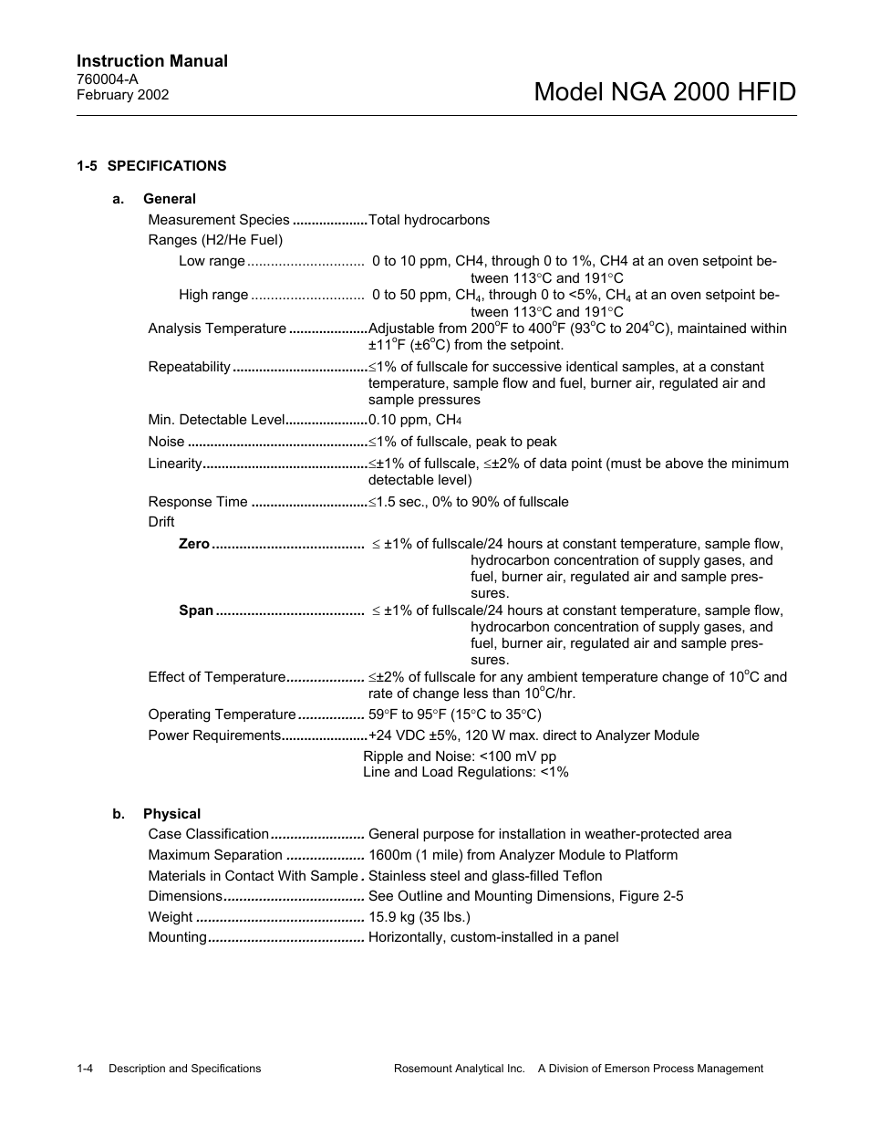 5 specifications, A. general, B. physical | Model nga 2000 hfid, Instruction manual | Emerson Process Management 760004-A User Manual | Page 18 / 118