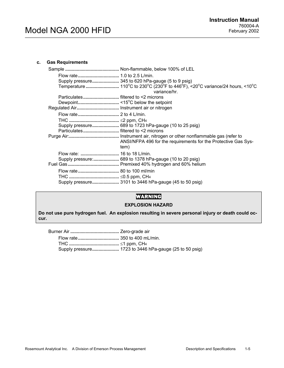 C. gas requirements, Model nga 2000 hfid, Instruction manual | Emerson Process Management 760004-A User Manual | Page 19 / 118