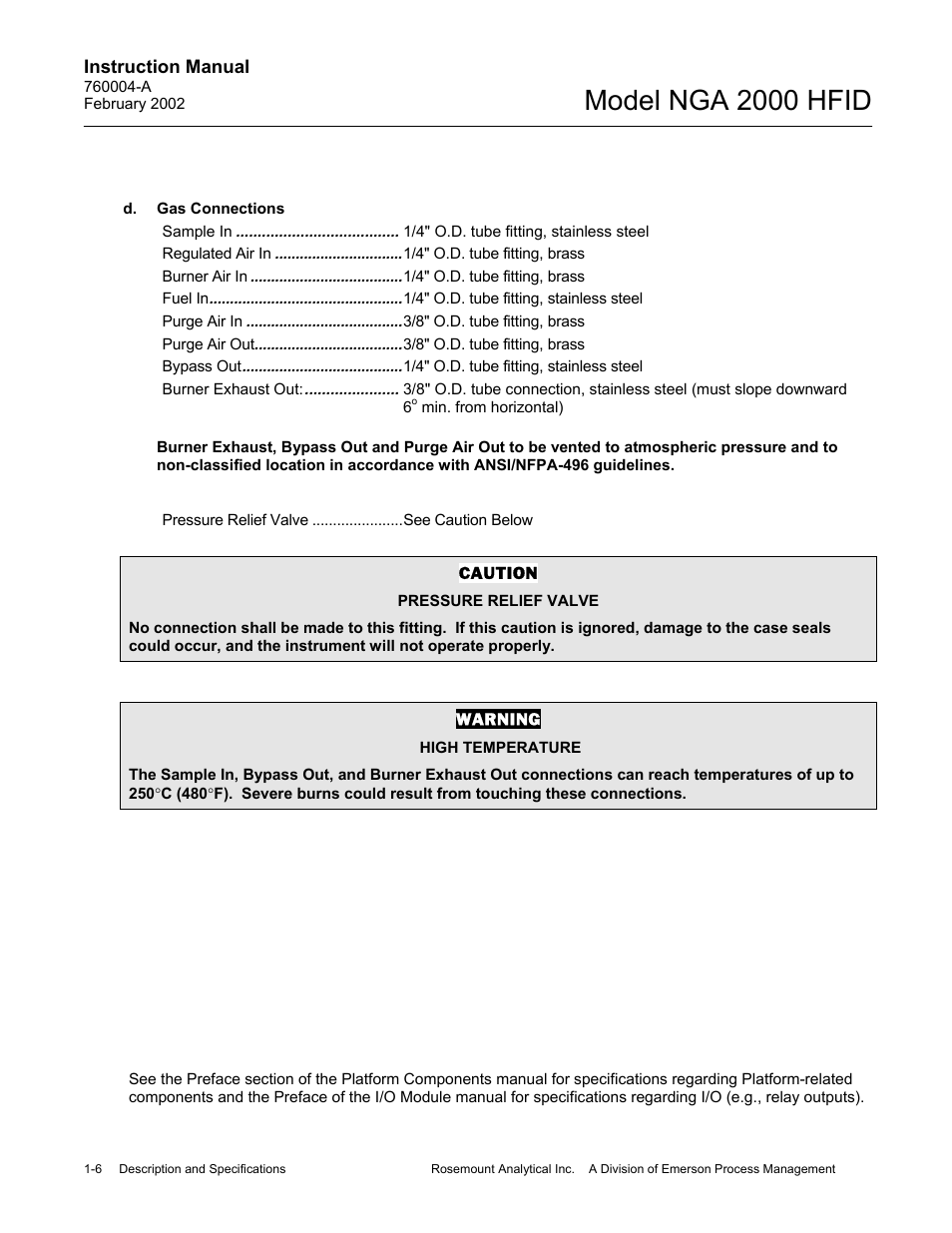 D. gas connections, Model nga 2000 hfid | Emerson Process Management 760004-A User Manual | Page 20 / 118