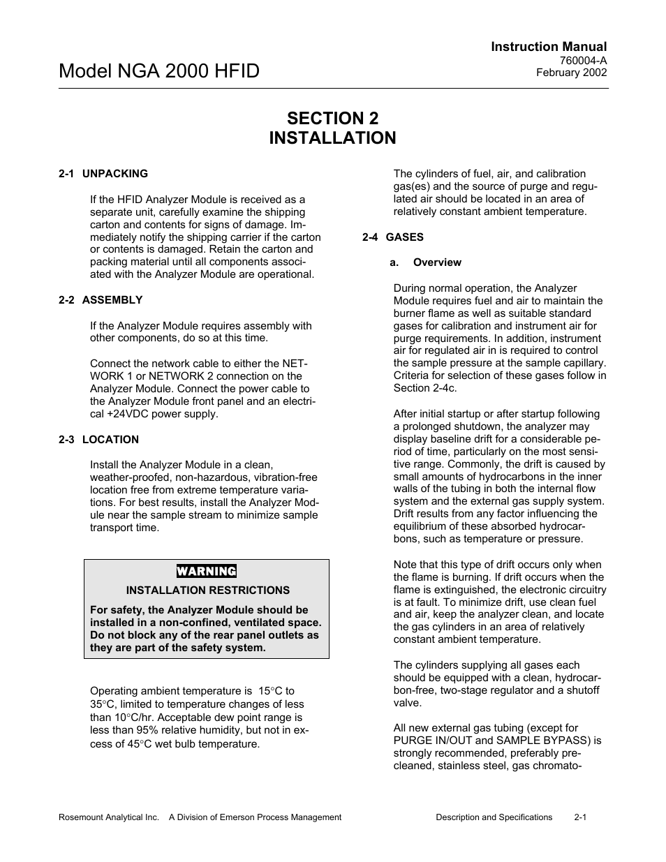 0 installation, 1 unpacking, 2 assembly | 3 location, 4 gases, A. overview, Model nga 2000 hfid | Emerson Process Management 760004-A User Manual | Page 21 / 118