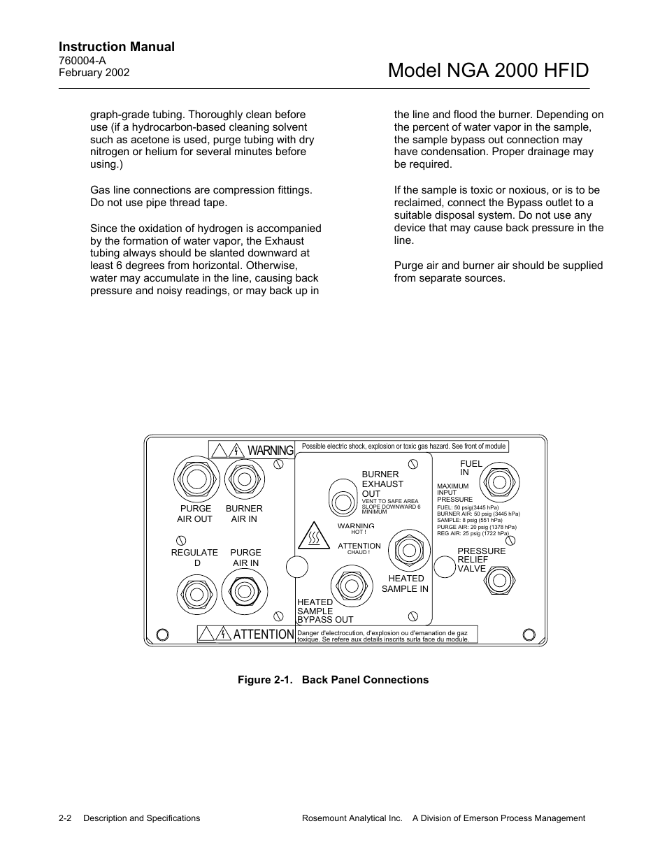 1 back panel connections, Model nga 2000 hfid, Instruction manual | Attention, Warning | Emerson Process Management 760004-A User Manual | Page 22 / 118
