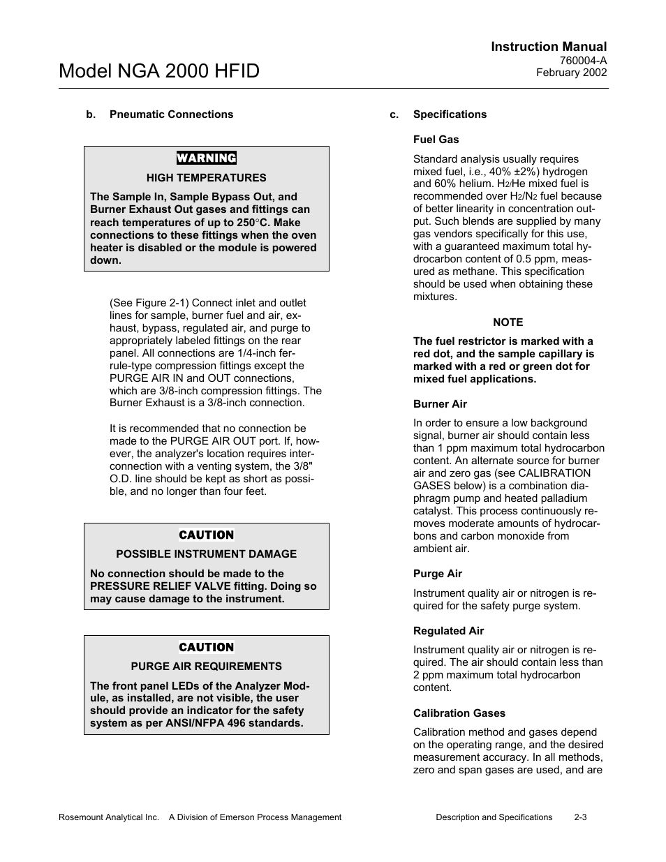 B. pneumatic connections, C. specifications, Fuel gas | Burner air, Purge air, Regulated air, Calibration gases, Model nga 2000 hfid | Emerson Process Management 760004-A User Manual | Page 23 / 118
