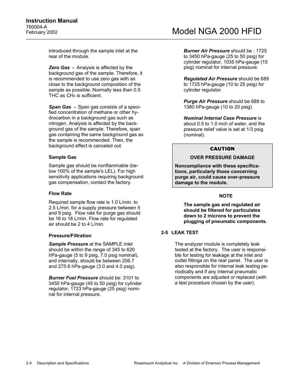 Zero gas, Span gas, Sample gas | Flow rate, Pressure/filtration, Sample pressure, Burner fuel pressure, Burner air pressure, Regulated air pressure, Purge air pressure | Emerson Process Management 760004-A User Manual | Page 24 / 118