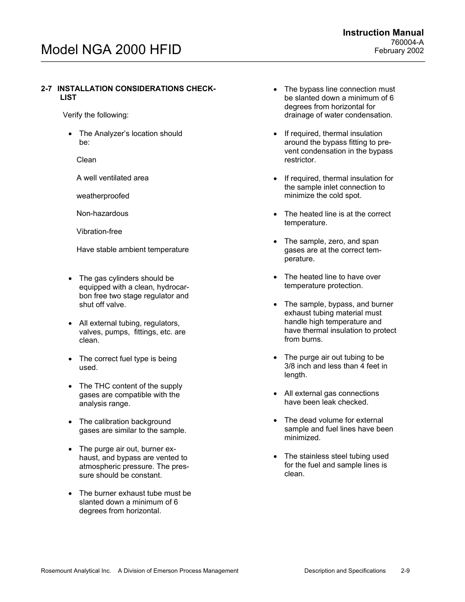 7 installation considerations checklist, Model nga 2000 hfid | Emerson Process Management 760004-A User Manual | Page 29 / 118