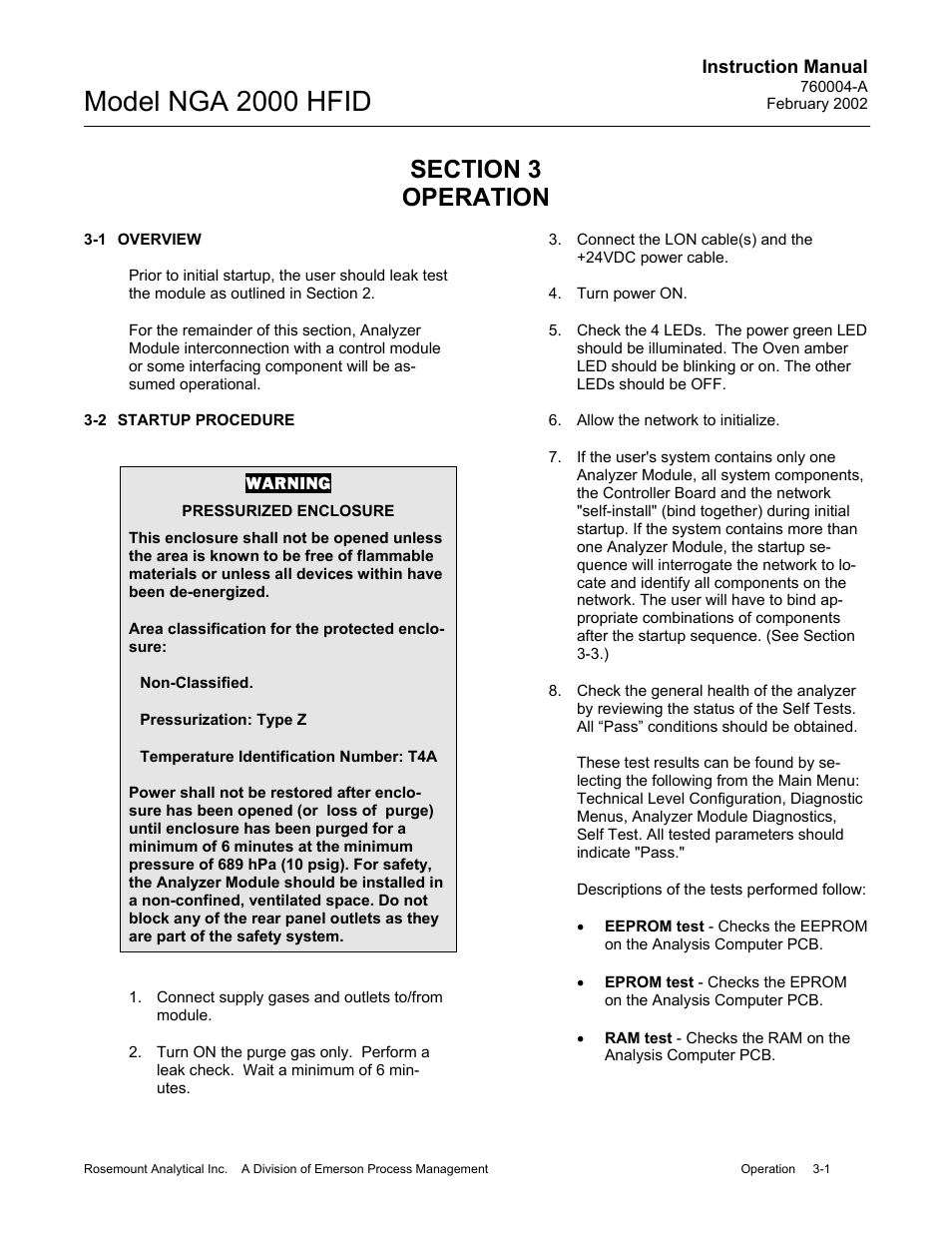 0 operation, 1 overview, 2 startup procedure | Model nga 2000 hfid | Emerson Process Management 760004-A User Manual | Page 31 / 118